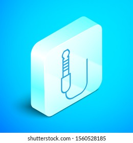 Isometric line Audio jack icon isolated on blue background. Audio cable for connection sound equipment. Plug wire. Musical instrument. Silver square button. Vector Illustration