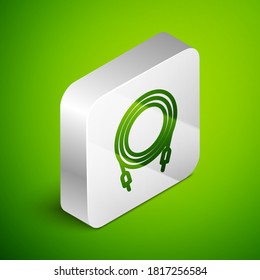Isometric line Audio jack icon isolated on green background. Audio cable for connection sound equipment. Plug wire. Musical instrument. Silver square button. Vector.