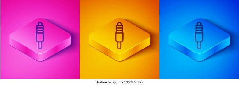 Isometric line Audio jack icon isolated on pink and orange, blue background. Audio cable for connection sound equipment. Plug wire. Musical instrument. Square button. Vector