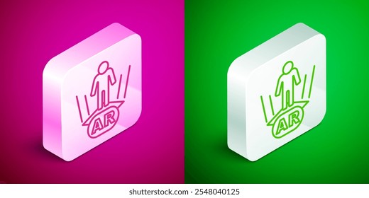 Isometric line Augmented reality AR icon isolated on pink and green background. Virtual futuristic wearable devices. Silver square button. Vector