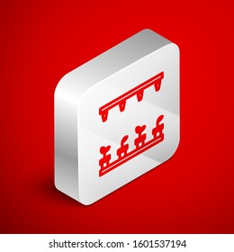 Isometric line Automatic irrigation sprinklers icon isolated on red background. Watering equipment. Garden element. Spray gun icon. Silver square button. Vector Illustration
