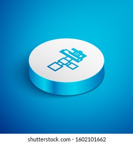 Isometric line Automatic irrigation sprinklers icon isolated on blue background. Watering equipment. Garden element. Spray gun icon. White circle button. Vector Illustration