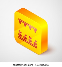 Isometric line Automatic irrigation sprinklers icon isolated on grey background. Watering equipment. Garden element. Spray gun icon. Yellow square button. Vector Illustration