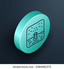 Línea isométrica Rociadores de riego automático icono aislado sobre fondo negro. Equipo de riego. Elemento de jardín. Icono de pistola pulverizadora. Botón circular turquesa. Vector