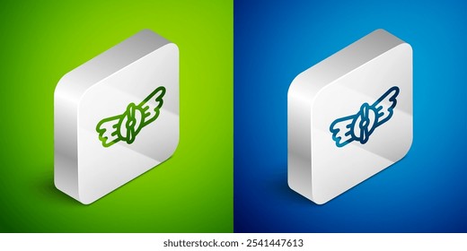 Icono del emblema de la aviación aislado en el fondo verde y azul. Iconos militares y de aviación civil. Emblema volador, ala de pájaro águila y marco alado. Botón cuadrado plateado. Vector