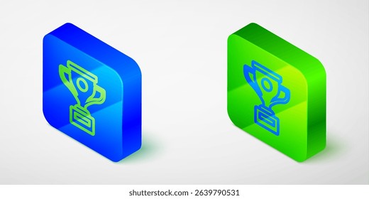 Isometric line Award cup icon isolated on grey background. Winner trophy symbol. Championship or competition trophy. Sports achievement sign. Blue and green square button. Vector