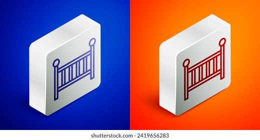 Isometric line Baby crib cradle bed icon isolated on blue and orange background. Silver square button. Vector
