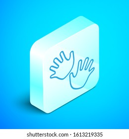 Isometric line Baby hands print icon isolated on blue background. Silver square button. Vector Illustration