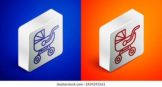 Isometric line Baby stroller icon isolated on blue and orange background. Baby carriage, buggy, pram, stroller, wheel. Silver square button. Vector