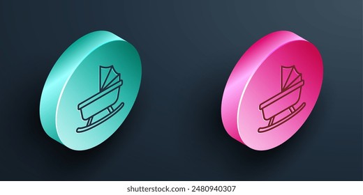 Isometric line Baby stroller icon isolated on black background. Baby carriage, buggy, pram, stroller, wheel. Turquoise and pink circle button. Vector