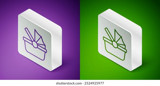 Isometric line Baby stroller icon isolated on purple and green background. Baby carriage, buggy, pram, stroller, wheel. Silver square button. Vector