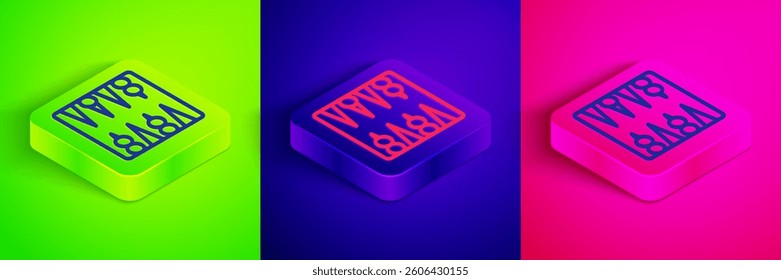 Isometric line Backgammon board icon isolated on green, blue and pink background. Square button. Vector