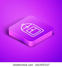 Isometric line Backpack icon isolated on purple background. Purple square button. Vector Illustration