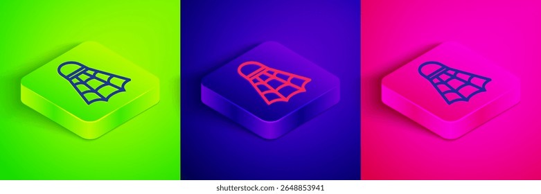 Isometric line Badminton shuttlecock icon isolated on green, blue and pink background. Sport equipment. Square button. Vector