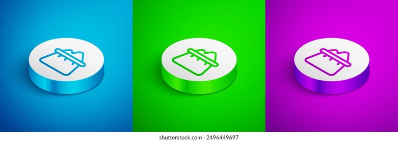 Isometric line Bag of flour icon isolated on blue,green and purple background. White circle button. Vector