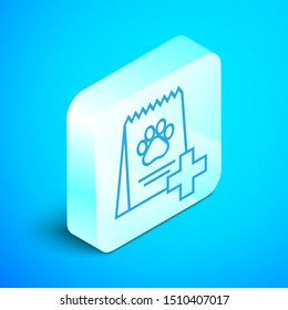 Isometric line Bag of food for dog icon isolated on blue background. Dog or cat paw print. Food for animals. Pet food package. Silver square button. Vector Illustration