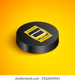 Isometric line Bag of food icon isolated on yellow background. Food for animals. Pet food package. Black circle button. Vector