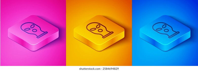 Isometric line Balaclava icon isolated on pink and orange, blue background. A piece of clothing for winter sports or a mask for a criminal or a thief. Square button. Vector