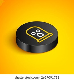 Isometric line Balaclava icon isolated on yellow background. A piece of clothing for winter sports or a mask for a criminal or a thief. Black circle button. Vector