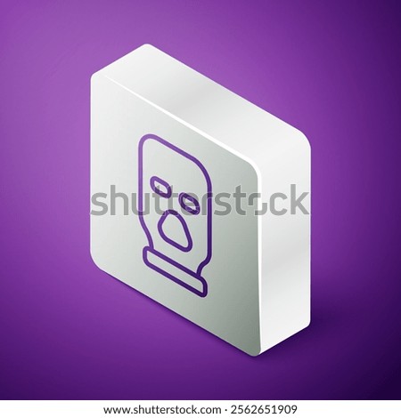 Isometric line Balaclava icon isolated on purple background. A piece of clothing for winter sports or a mask for a criminal or a thief. Silver square button. Vector
