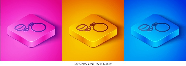 Línea isométrica Bola en icono de cadena aislado en rosa y naranja, fondo azul. Botón cuadrado. Vector