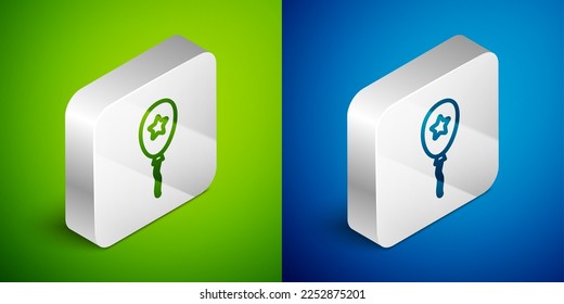 Isometric line Balloon with ribbon icon isolated on green and blue background. Silver square button. Vector
