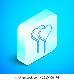 Isometric line Balloons in form of heart with ribbon icon isolated on blue background. Silver square button. Vector Illustration