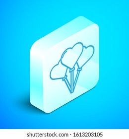 Isometric line Balloons in form of heart with ribbon icon isolated on blue background. Silver square button. Vector Illustration