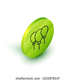 Isometric line Balloons with ribbon icon isolated on white background. Merry Christmas and Happy New Year. Green circle button. Vector