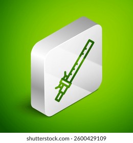 Isometric line Bamboo flute indian musical instrument icon isolated on green background. Silver square button. Vector