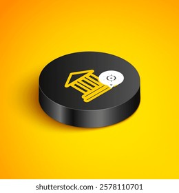 Isometric line Bank building and gear icon isolated on yellow background. Adjusting app, service concept, setting options, maintenance, repair, fixing. Black circle button. Vector