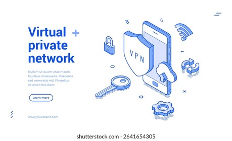 Isometric line banner depicts a VPN concept with a smartphone, shield, key, and connection symbols, highlighting security and internet privacy in a sleek design.