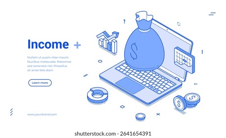 Isometric line banner highlights the concept of income, displaying a laptop surrounded by financial symbols, including a money bag, graphs, and coins, emphasizing financial growth and management.