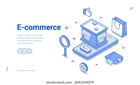 Isometric line banner illustrates the concept of e-commerce with elements including a smartphone, shopping bag, magnifying glass, and a buy button. It represents modern online shopping.
