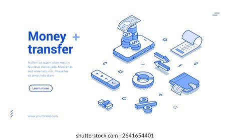 Isometric line banner illustrates the process of money transfer, featuring stacks of coins, a digital wallet, and transaction symbols. It showcases modern financial technology.
