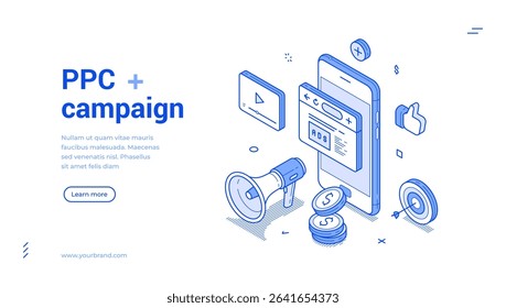 Isometric line banner showcases essential elements of a PPC campaign, featuring a smartphone displaying ads, a megaphone, social media icons, and currency symbols.