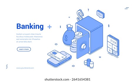 Isometric line banner showcases essential banking elements including a safe, cash, and financial tools. It highlights the simplicity and efficiency of modern banking solutions for users.