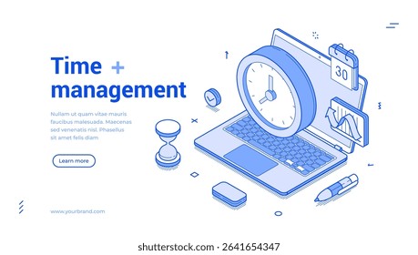 Isometric line banner showcases various elements of time management, including a clock, laptop, calendar, hourglass, and charts. It highlights essential tools for optimizing productivity.