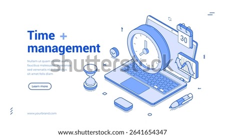 Isometric line banner showcases various elements of time management, including a clock, laptop, calendar, hourglass, and charts. It highlights essential tools for optimizing productivity.