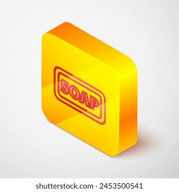 Isometric line Bar of soap icon isolated on grey background. Soap bar with bubbles. Yellow square button. Vector Illustration
