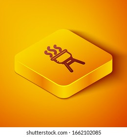 Isometric line Barbecue grill icon isolated on orange background. BBQ grill party. Yellow square button. Vector Illustration