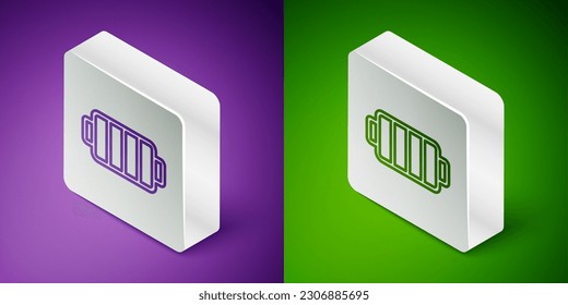 Isometric line Barbecue grill icon isolated on purple and green background. BBQ grill party. Silver square button. Vector