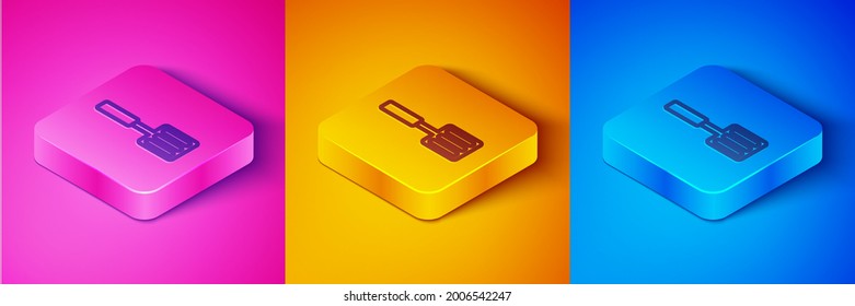 Isometric line Barbecue spatula icon isolated on pink and orange, blue background. Kitchen spatula icon. BBQ spatula sign. Barbecue and grill tool. Square button. Vector