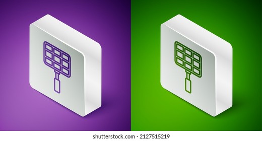 Isometric line Barbecue steel grid icon isolated on purple and green background. Top view of BBQ grill. Wire rack for BBQ. Grilling basket. Silver square button. Vector