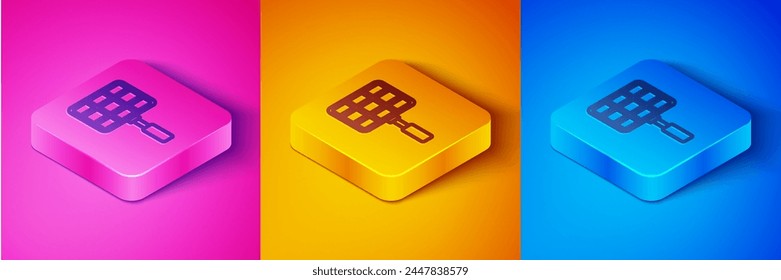 Isometric line Barbecue steel grid icon isolated on pink and orange, blue background. Top view of BBQ grill. Wire rack for BBQ. Grilling basket. Square button. Vector