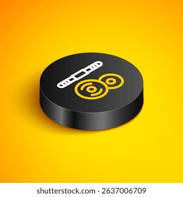 Isometric line Barbell icon isolated on yellow background. Muscle lifting icon, fitness barbell, gym, sports equipment, exercise bumbbell. Black circle button. Vector