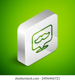 Isometric line Barbershop icon isolated on green background. Hairdresser logo or signboard. Silver square button. Vector Illustration