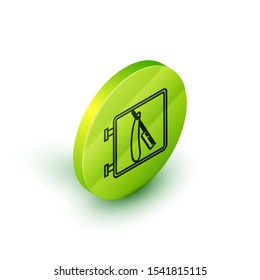 Isometric line Barbershop with razor icon isolated on white background. Hairdresser logo or signboard. Green circle button. Vector Illustration