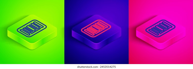 Isometric line Barcode icon isolated on green, blue and pink background. Square button. Vector