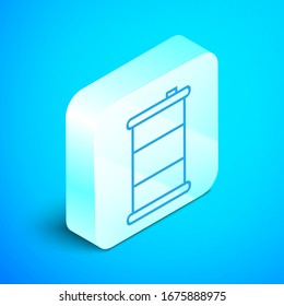Isometric line Barrel oil icon isolated on blue background. Silver square button. Vector Illustration